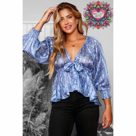 Peach Love Blue Satin Floral Deep V Neck Bow Front Blouse - Picture 2 of 7